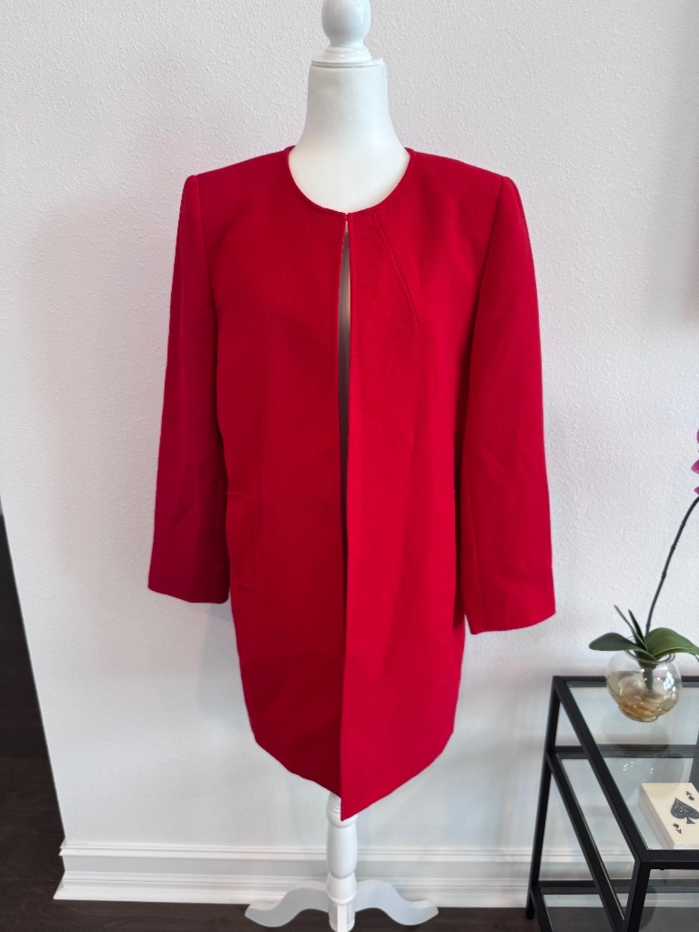 TAHARI Arthur S Levine Women’s Red Studio Long Open Front Coat Blazer Size 14